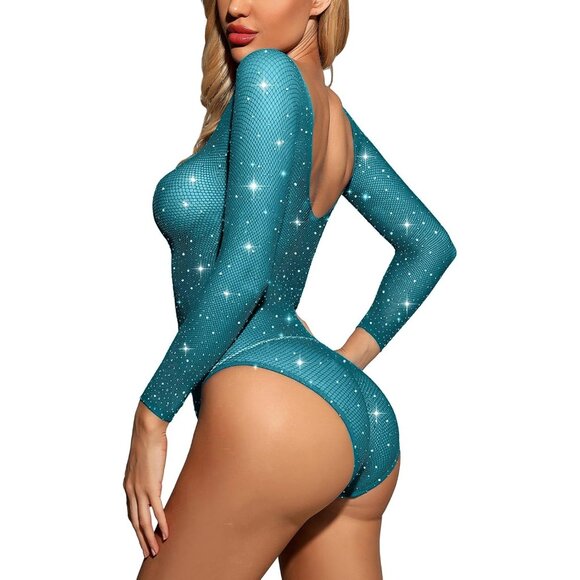 Women Blue Lingerie Fishnet Teddy Sparkle Rhinestone One Piece Mesh Bodysuit - Picture 3 of 3